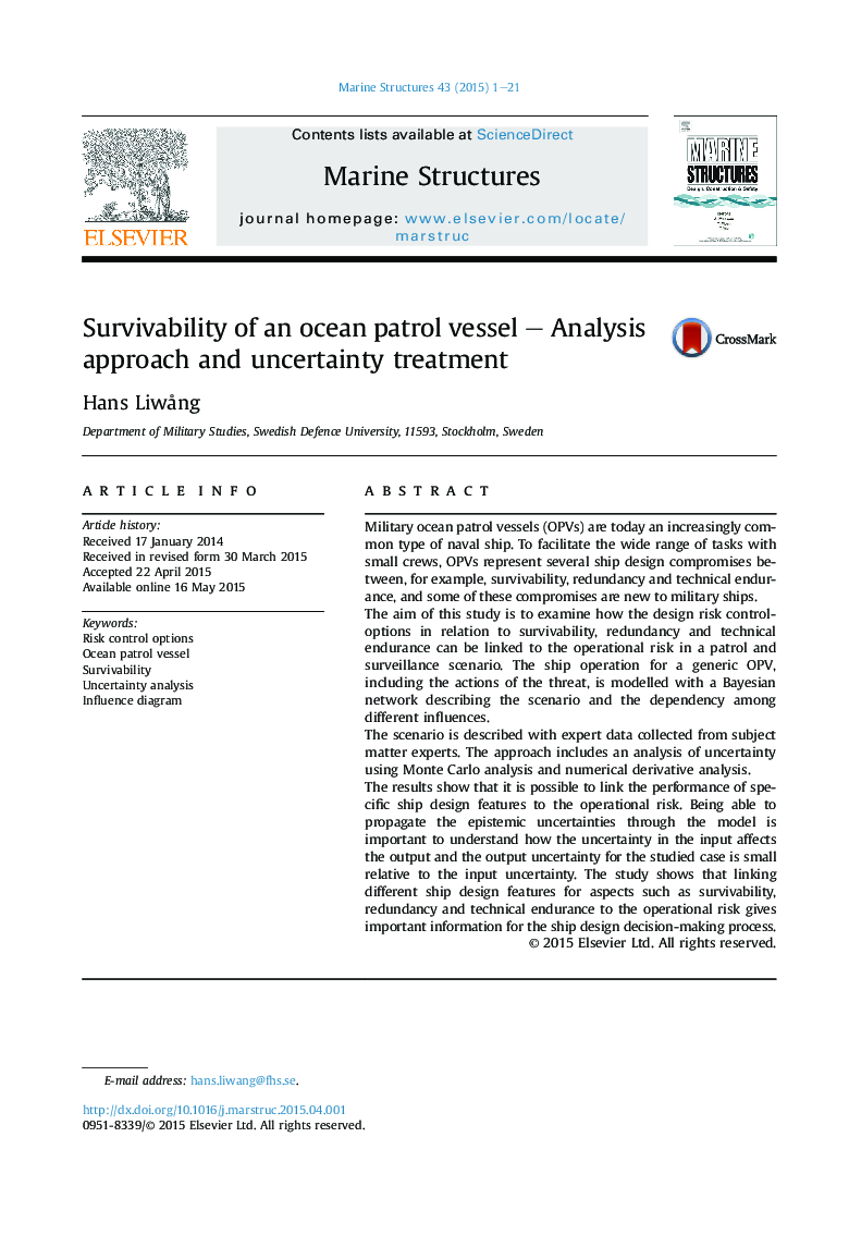 Survivability of an ocean patrol vessel – Analysis approach and uncertainty treatment