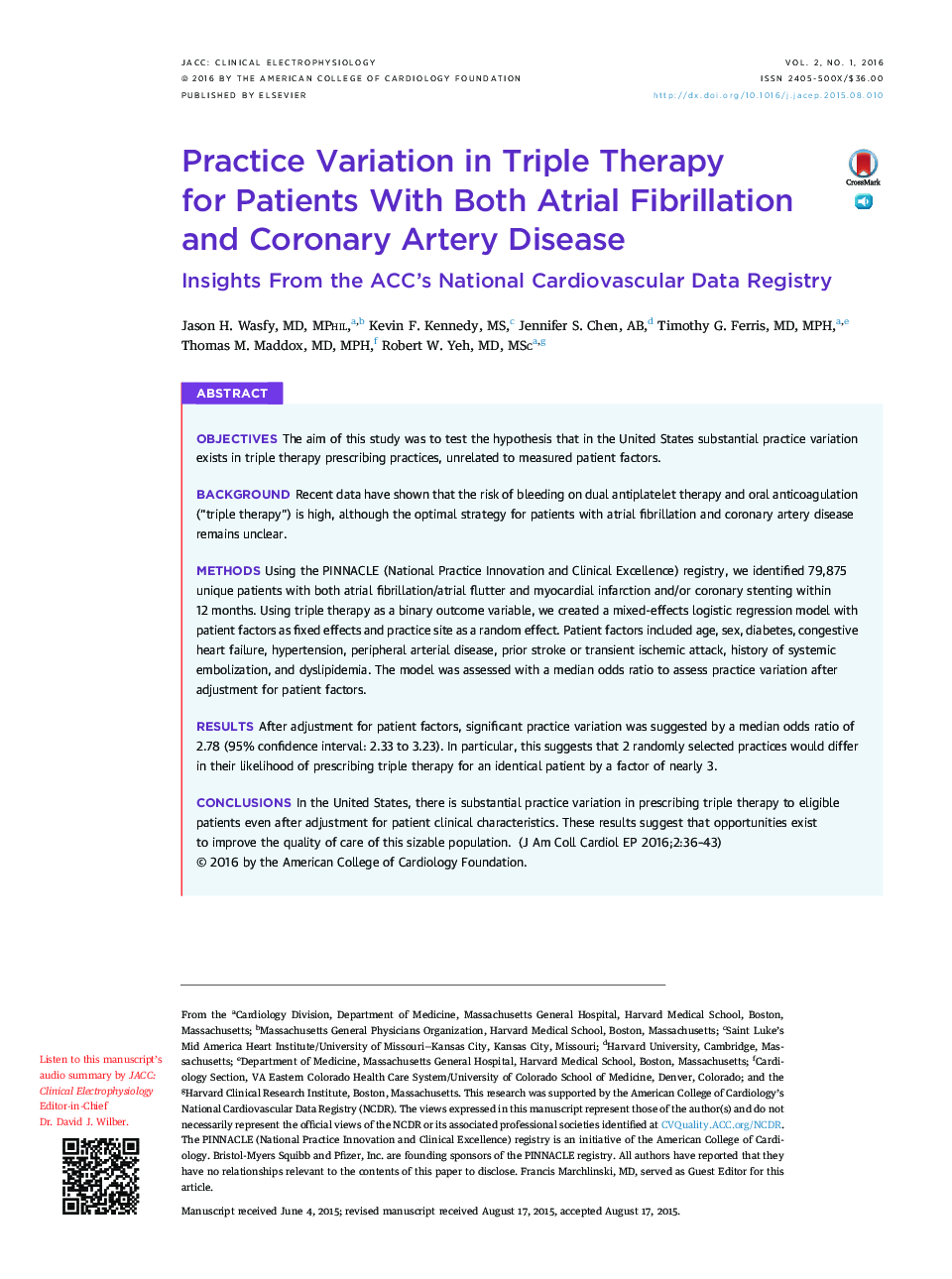 Practice Variation in Triple Therapy for Patients With Both Atrial Fibrillation and Coronary Artery Disease : Insights From the ACC’s National Cardiovascular Data Registry