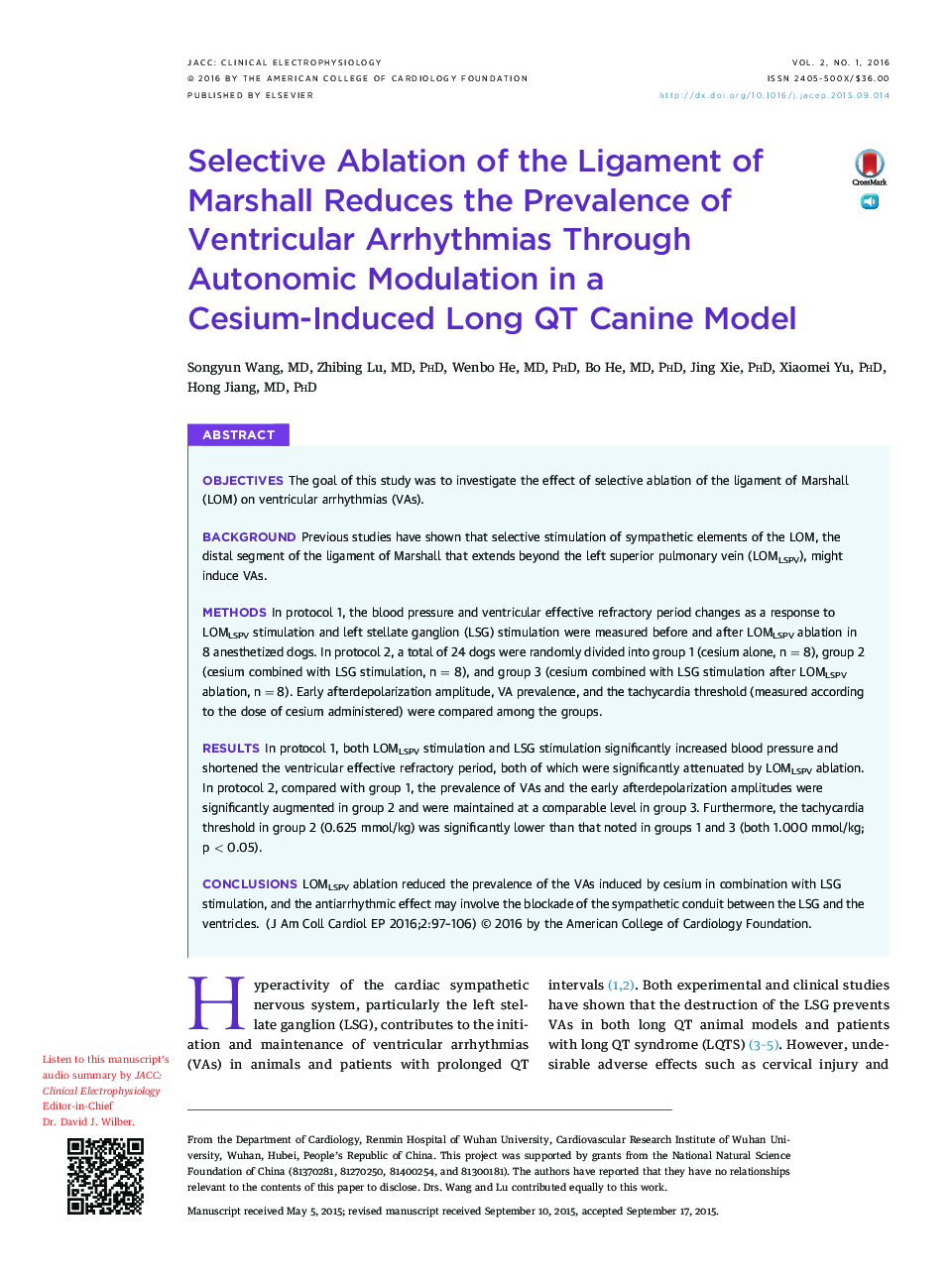 Selective Ablation of the Ligament of Marshall Reduces the Prevalence of Ventricular Arrhythmias Through Autonomic Modulation in a Cesium-Induced Long QT Canine Model 