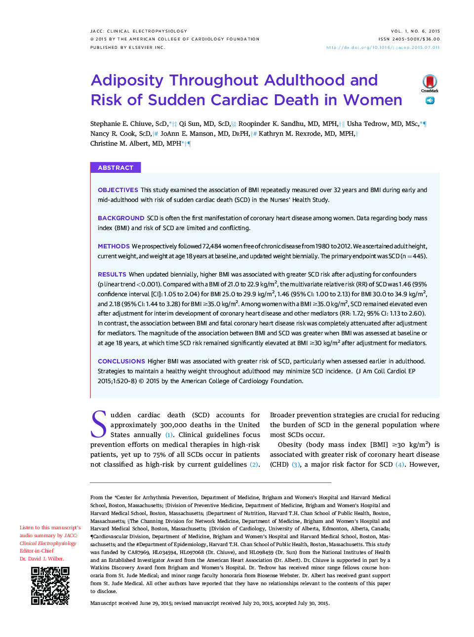 Adiposity Throughout Adulthood and Risk of Sudden Cardiac Death in Women 