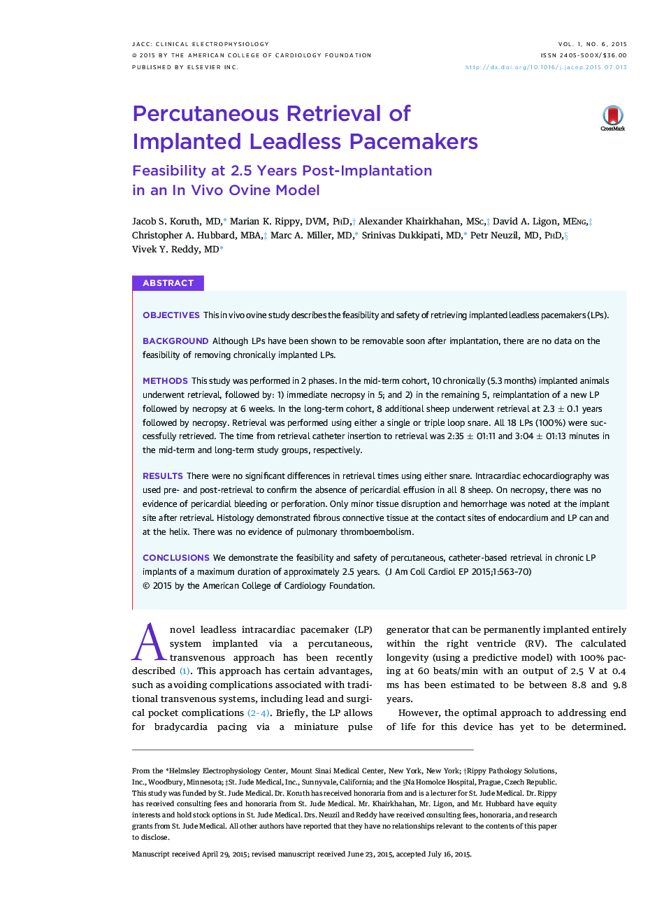 Percutaneous Retrieval of Implanted Leadless Pacemakers : Feasibility at 2.5 Years Post-Implantation in an In Vivo Ovine Model