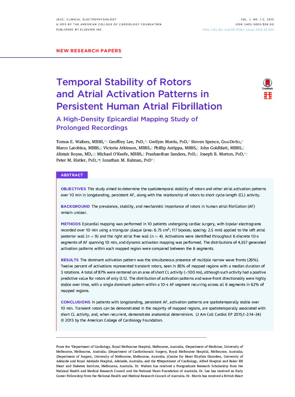 Temporal Stability of Rotors and Atrial Activation Patterns in Persistent Human Atrial Fibrillation : A High-Density Epicardial Mapping Study of Prolonged Recordings