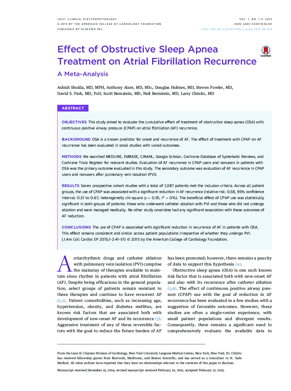 Effect of Obstructive Sleep Apnea Treatment on Atrial Fibrillation Recurrence : A Meta-Analysis
