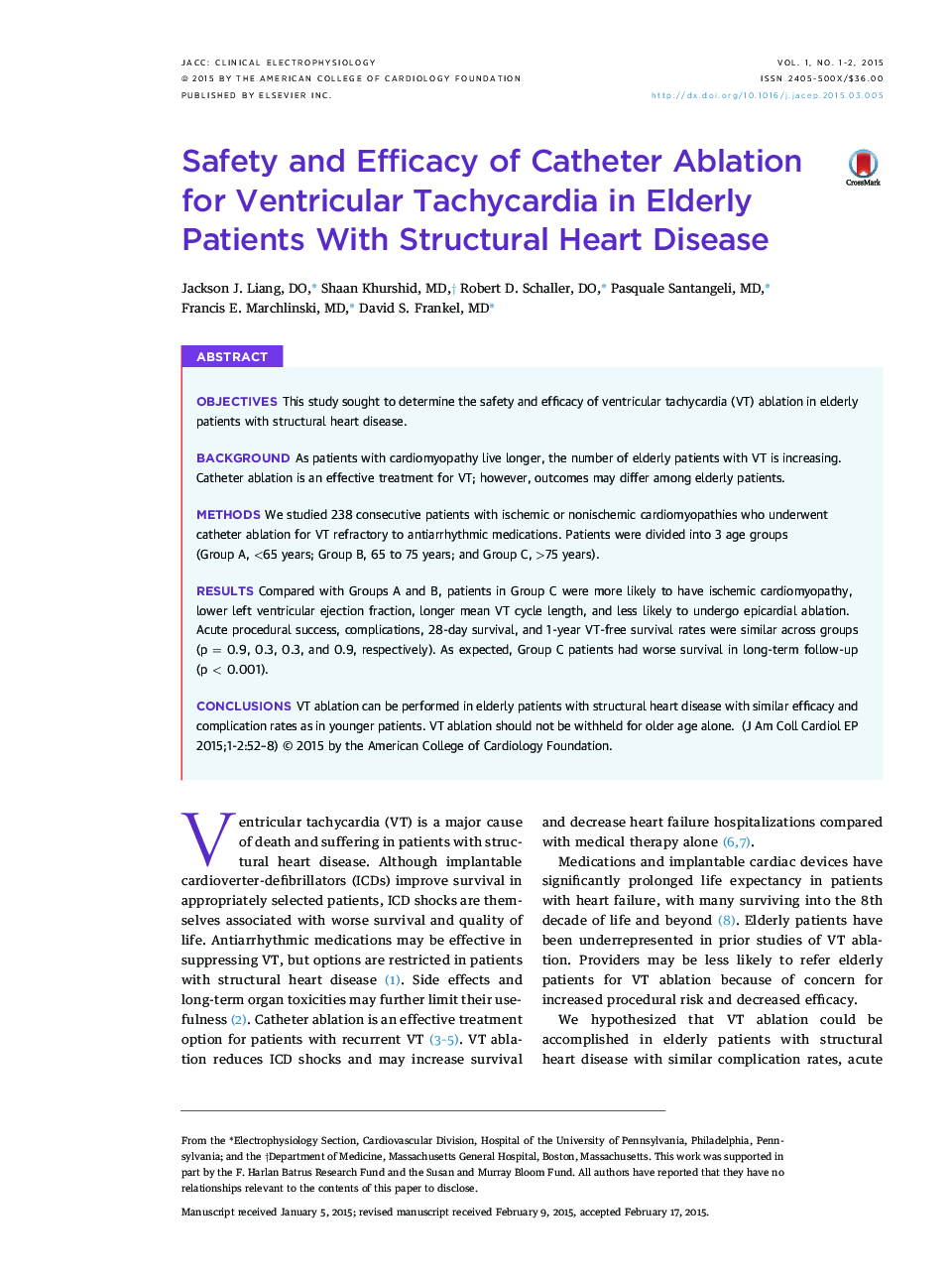 Safety and Efficacy of Catheter Ablation for Ventricular Tachycardia in Elderly Patients With Structural Heart Disease 