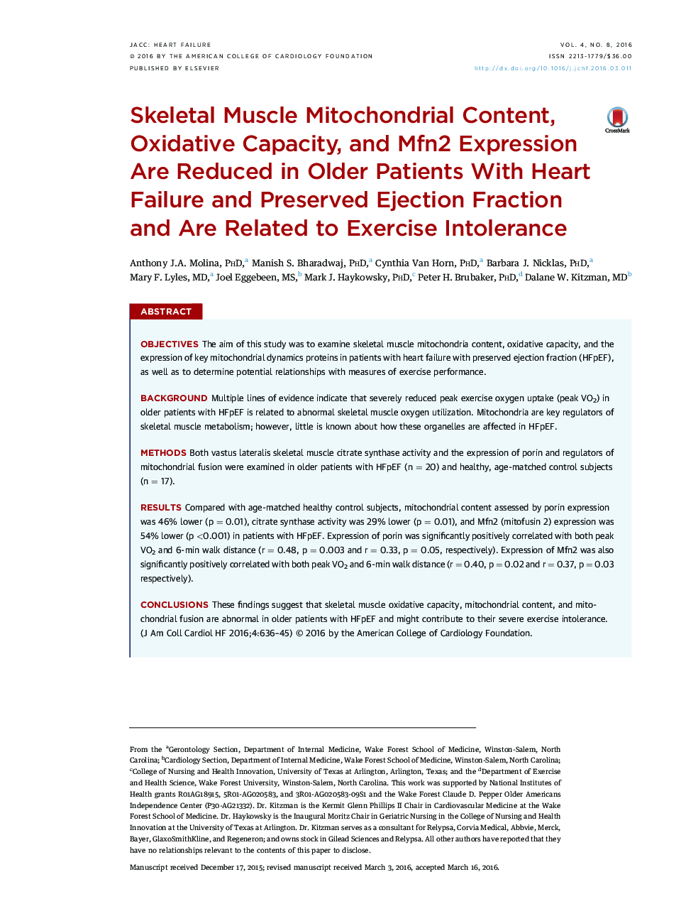 Skeletal Muscle Mitochondrial Content, Oxidative Capacity, and Mfn2 Expression Are Reduced in Older Patients With Heart Failure and Preserved Ejection Fraction and Are Related to Exercise Intolerance 