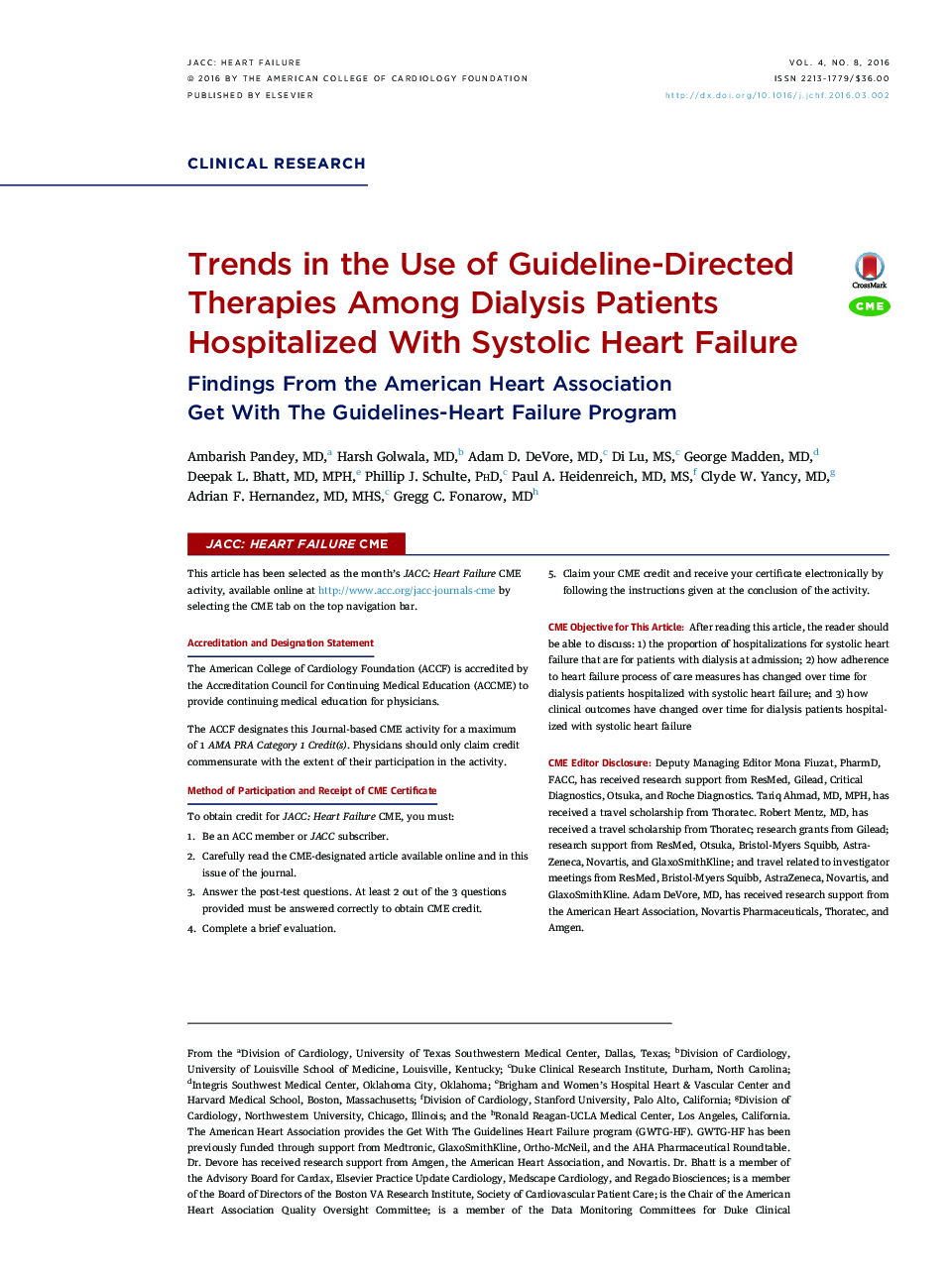 روند استفاده از مرجع درمانی در میان بیماران دیالیز بستری شده با نارسایی قلبی سیستولیک: یافتههای انجمن قلبی آمریکا با استفاده از دستورالعملهای قلبی - قلبی 