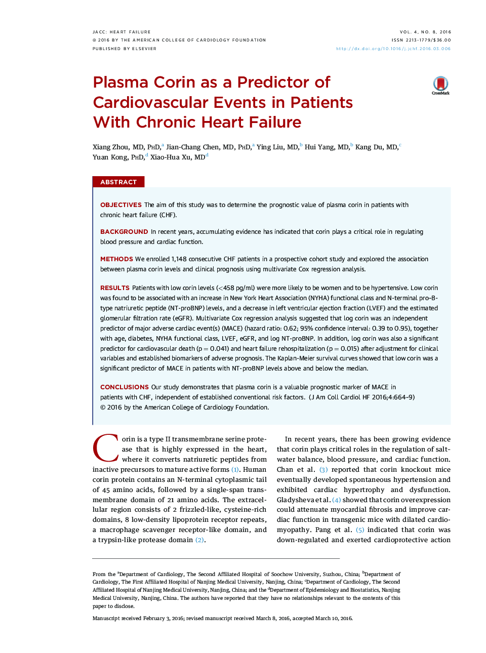 Plasma Corin as a Predictor of Cardiovascular Events in Patients With Chronic Heart Failure 