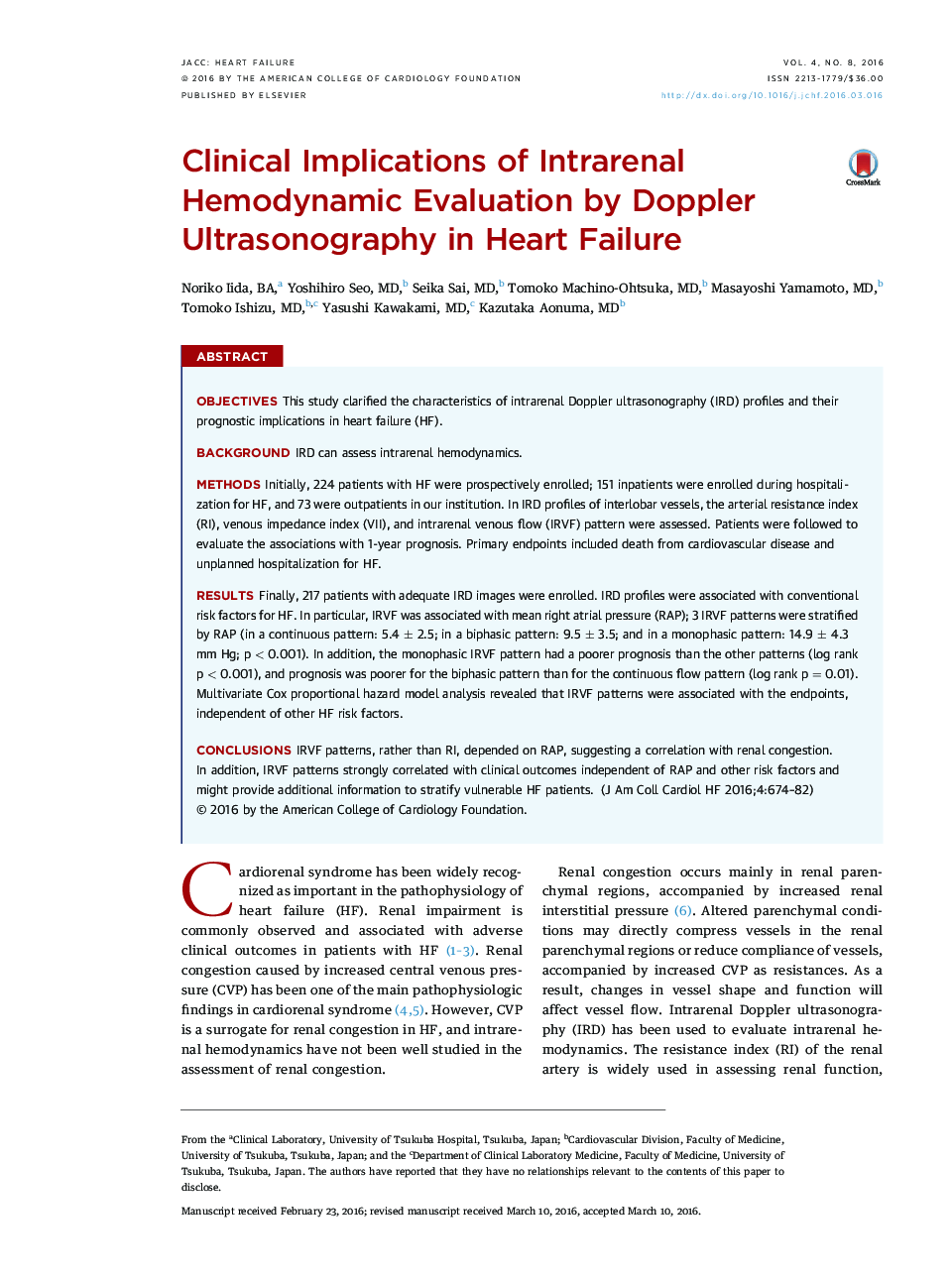 Clinical Implications of Intrarenal Hemodynamic Evaluation by Doppler Ultrasonography in Heart Failure 