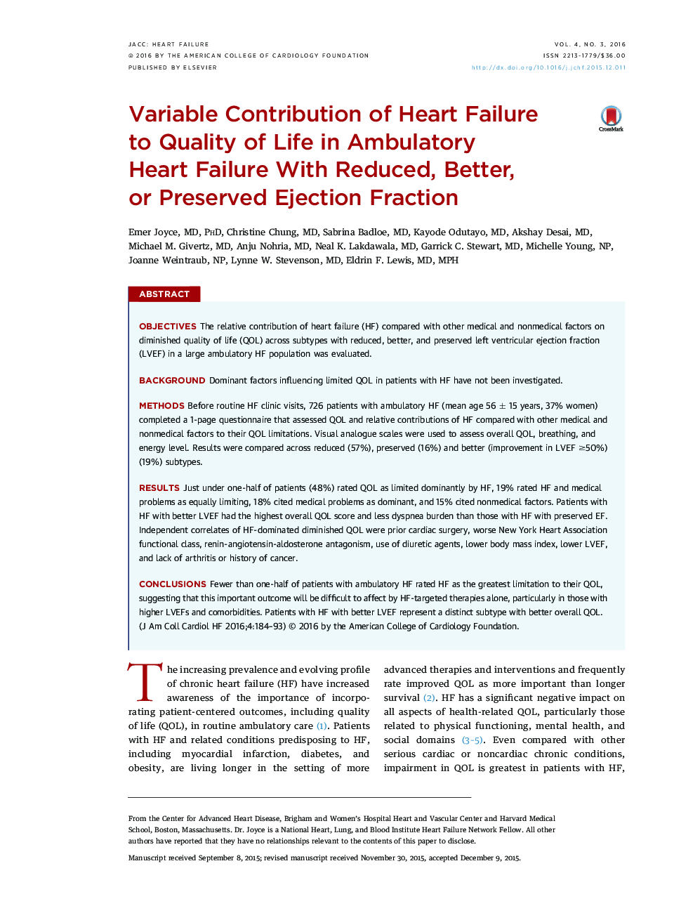 Variable Contribution of Heart Failure to Quality of Life in Ambulatory Heart Failure With Reduced, Better, or Preserved Ejection Fraction 