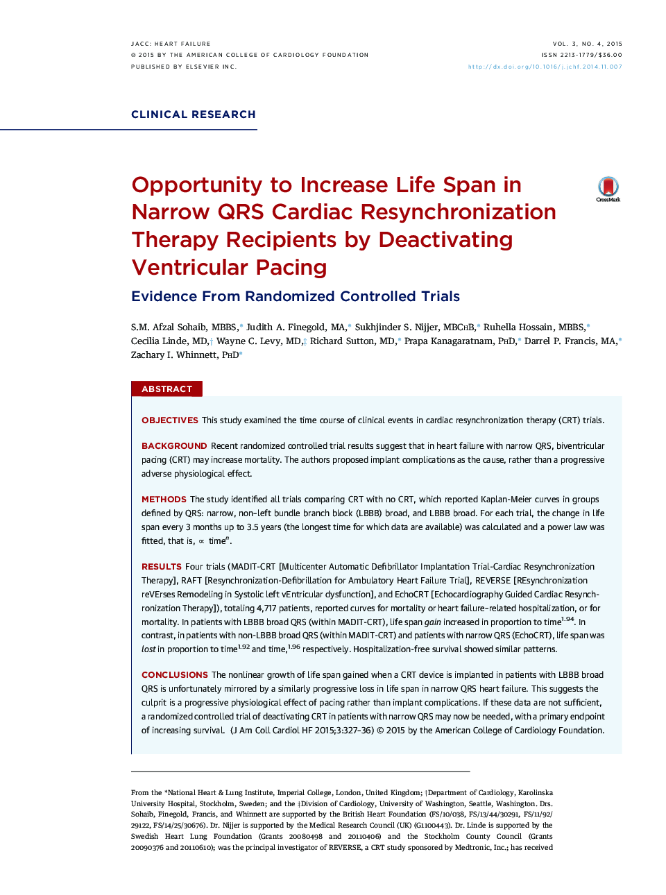 Opportunity to Increase Life Span in Narrow QRS Cardiac Resynchronization Therapy Recipients by Deactivating Ventricular Pacing : Evidence From Randomized Controlled Trials