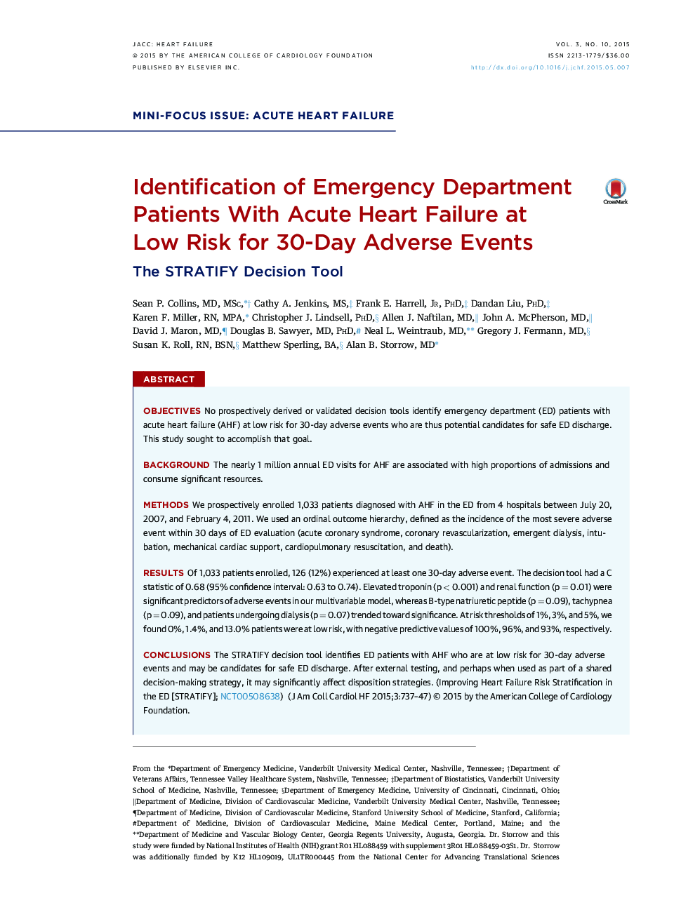 Identification of Emergency Department Patients With Acute Heart Failure at Low Risk for 30-Day Adverse Events : The STRATIFY Decision Tool