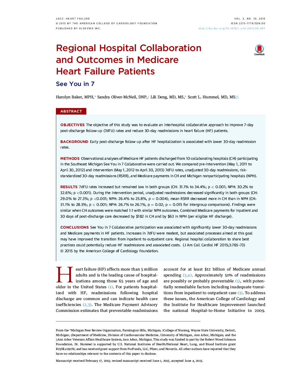 Regional Hospital Collaboration and Outcomes in Medicare Heart Failure Patients : See You in 7