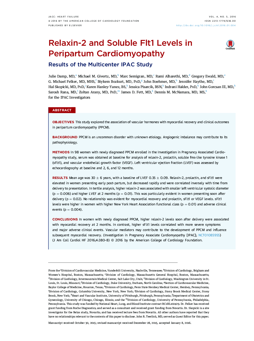 Relaxin-2 and Soluble Flt1 Levels in Peripartum Cardiomyopathy : Results of the Multicenter IPAC Study