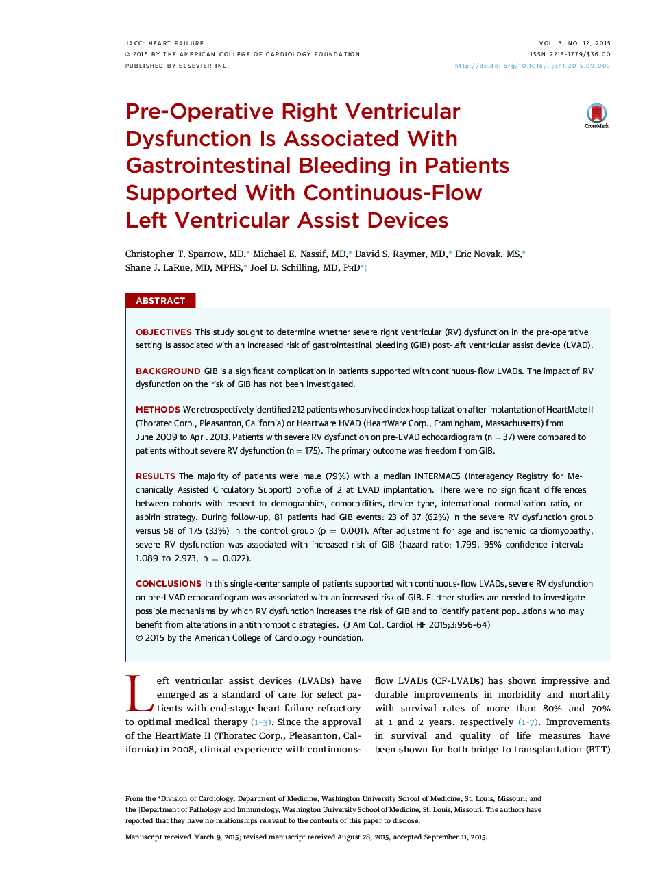 Pre-Operative Right Ventricular Dysfunction Is Associated With Gastrointestinal Bleeding in Patients Supported With Continuous-Flow Left Ventricular Assist Devices 