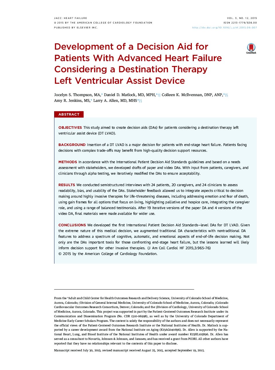 Development of a Decision Aid for Patients With Advanced Heart Failure Considering a Destination Therapy Left Ventricular Assist Device 