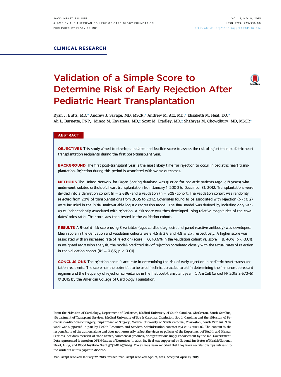 Validation of a Simple Score to DetermineÂ Risk of Early Rejection After Pediatric Heart Transplantation