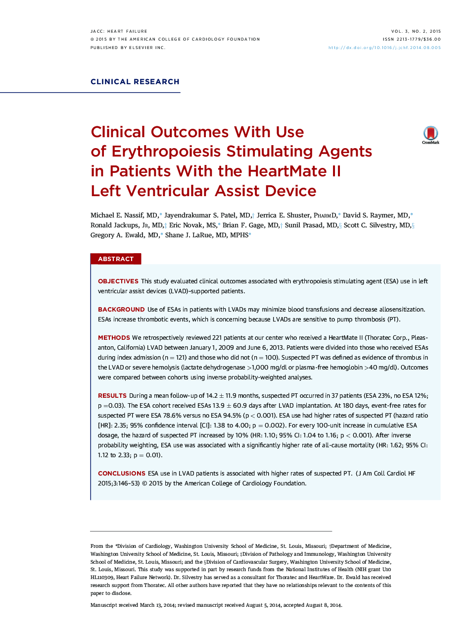 Clinical Outcomes With Use of Erythropoiesis Stimulating Agents in Patients With the HeartMate II Left Ventricular Assist Device 