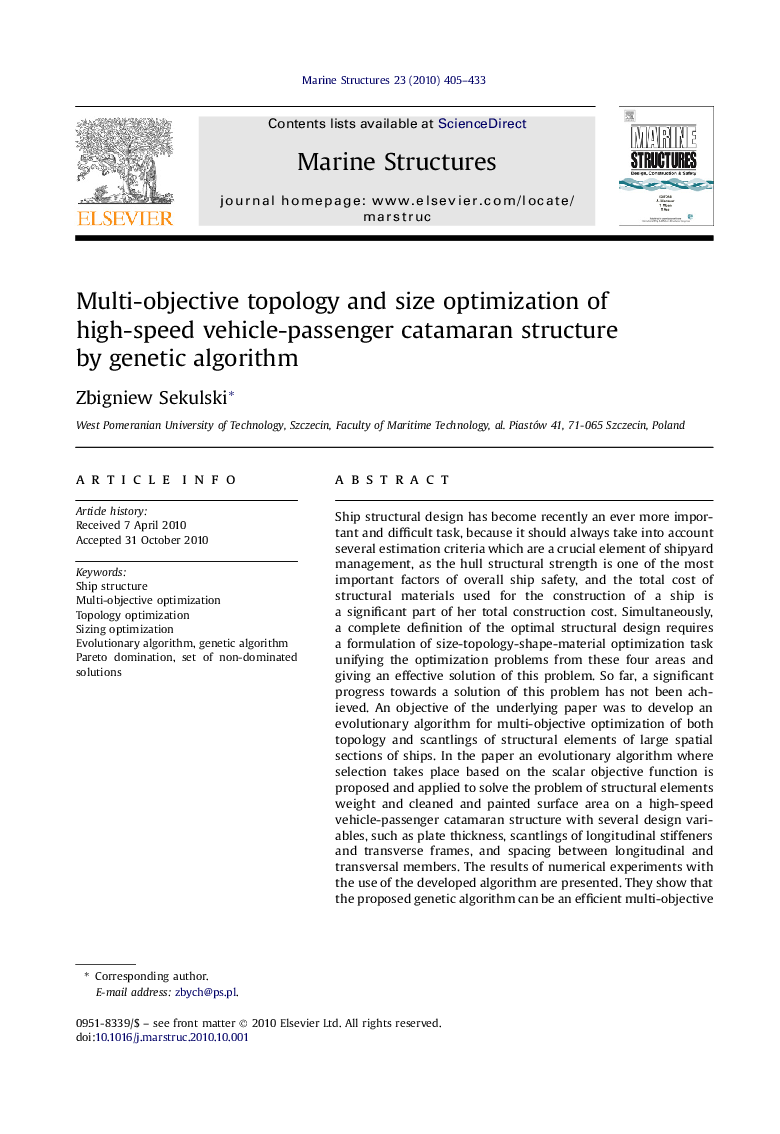 Multi-objective topology and size optimization of high-speed vehicle-passenger catamaran structure by genetic algorithm