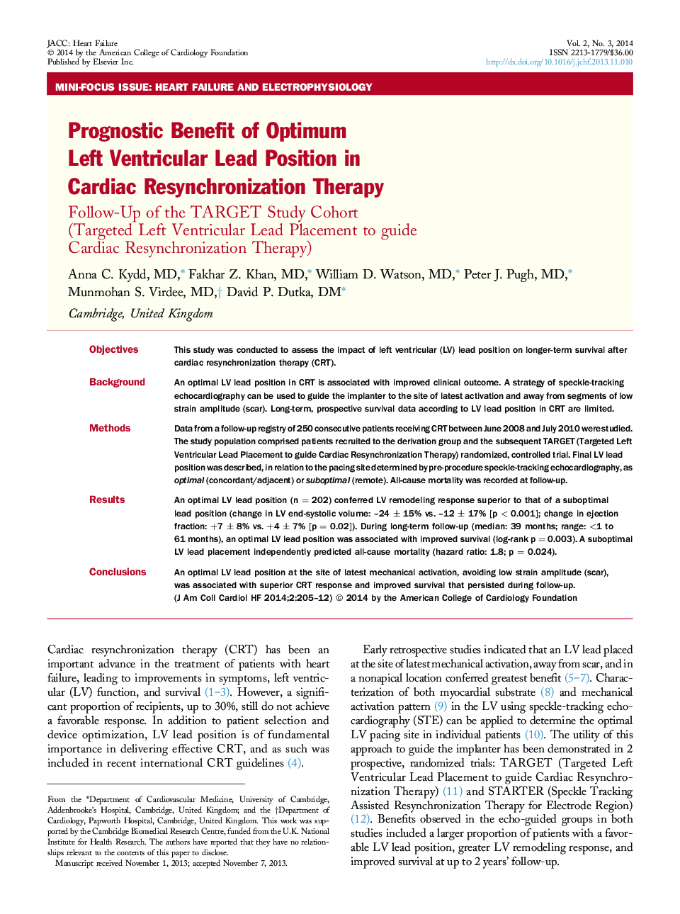 Prognostic Benefit of Optimum Left Ventricular Lead Position in Cardiac Resynchronization Therapy : Follow-Up of the TARGET Study Cohort (Targeted Left Ventricular Lead Placement to guide Cardiac Resynchronization Therapy)