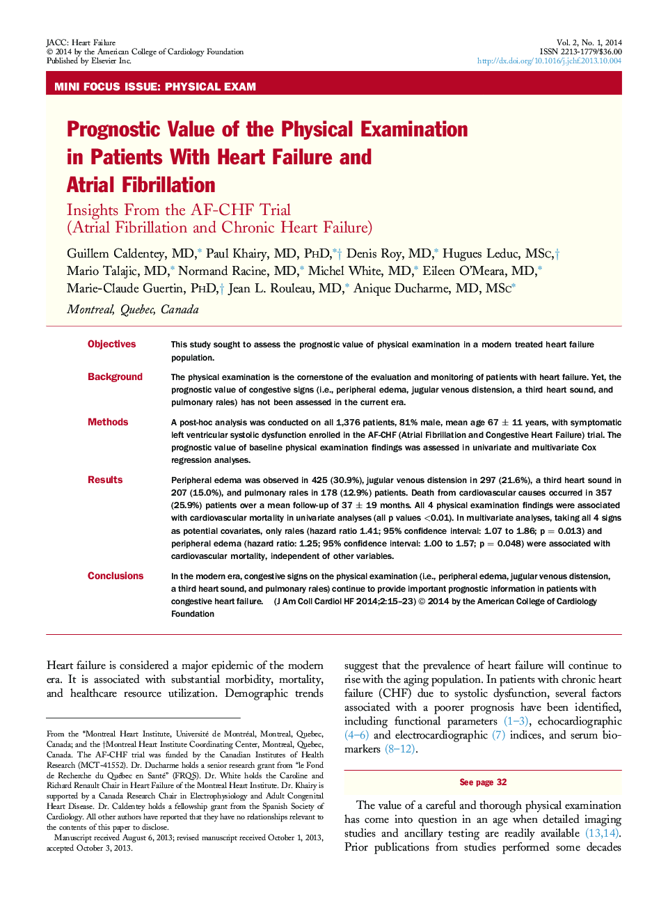 Prognostic Value of the Physical Examination in Patients With Heart Failure and Atrial Fibrillation : Insights From the AF-CHF Trial (Atrial Fibrillation and Chronic Heart Failure)