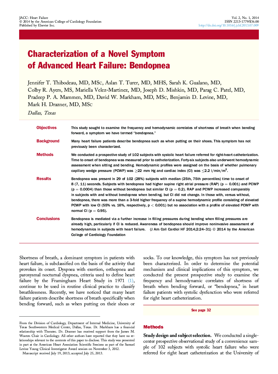 Characterization of a Novel Symptom of Advanced Heart Failure: Bendopnea 