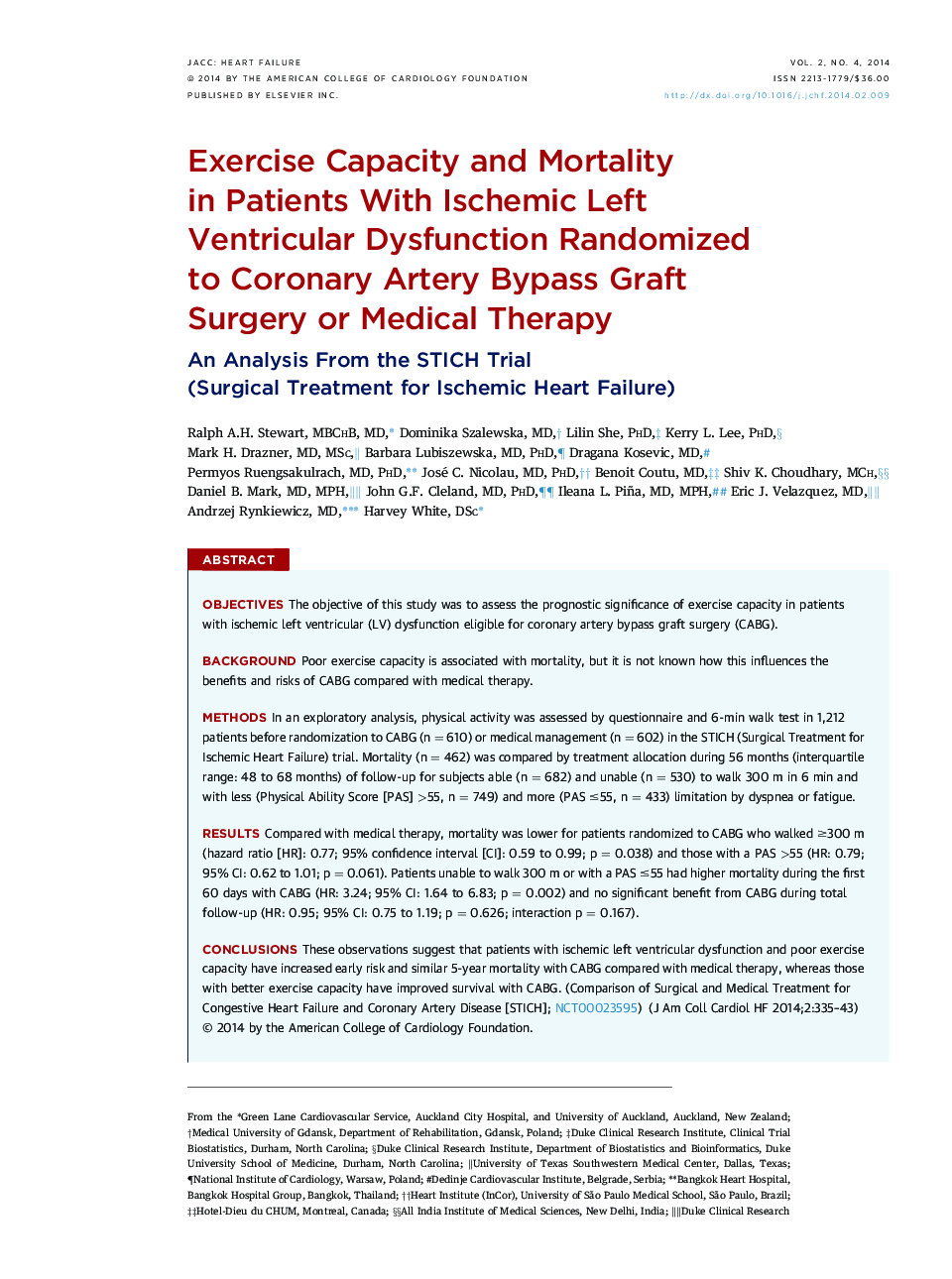 Exercise Capacity and Mortality in Patients With Ischemic Left Ventricular Dysfunction Randomized to Coronary Artery Bypass Graft Surgery or Medical Therapy : An Analysis From the STICH Trial (Surgical Treatment for Ischemic Heart Failure)