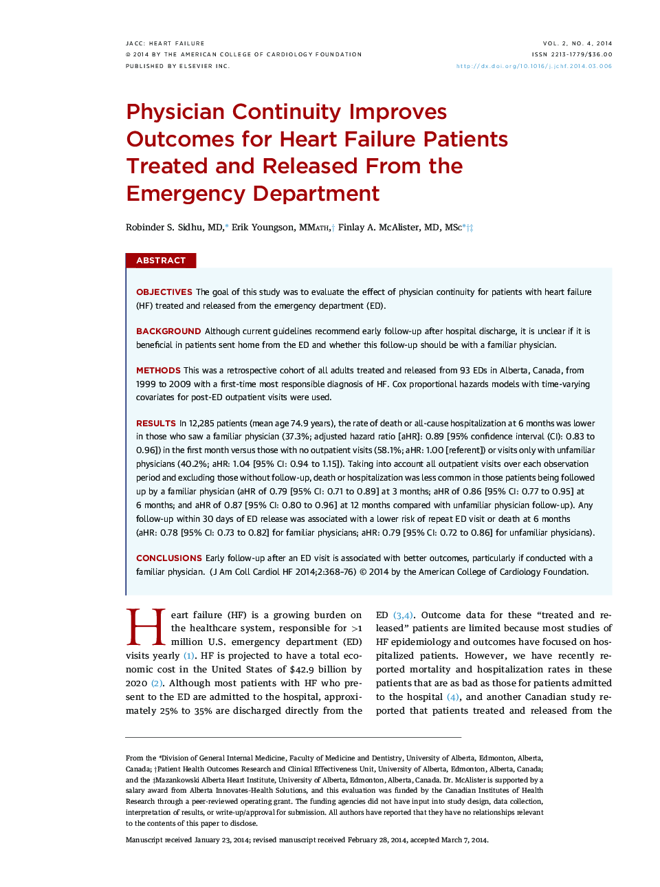 Physician Continuity Improves Outcomes for Heart Failure Patients Treated and Released From the Emergency Department 
