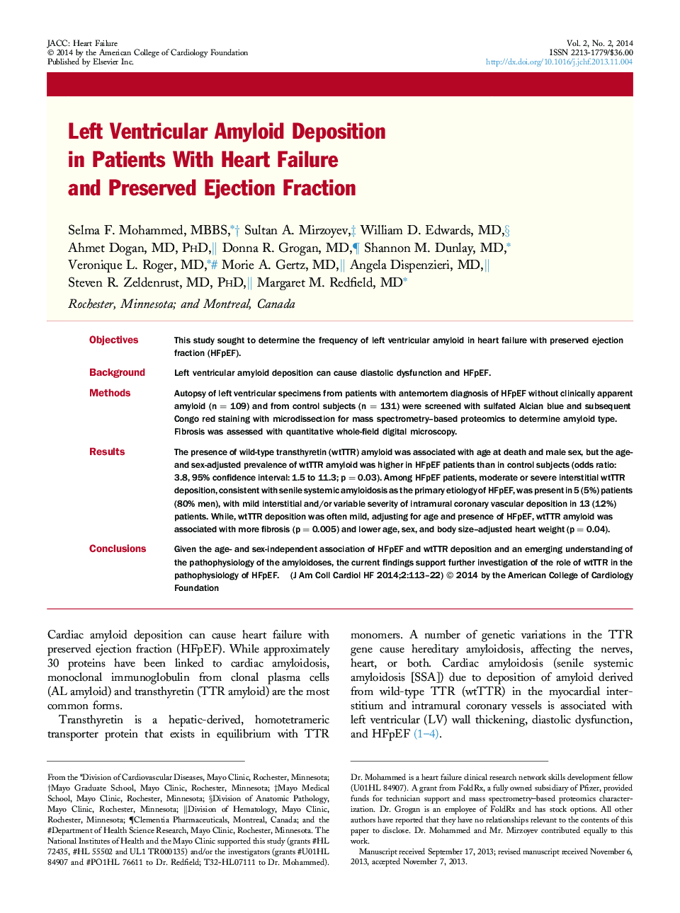 Left Ventricular Amyloid Deposition in Patients With Heart Failure and Preserved Ejection Fraction 