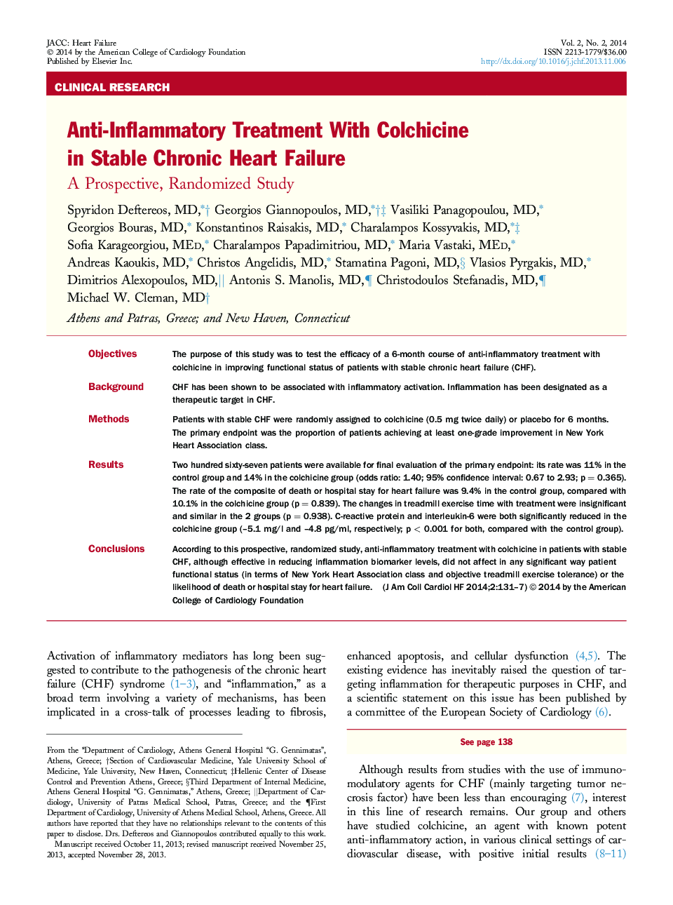 Anti-Inflammatory Treatment With Colchicine in Stable Chronic Heart Failure : A Prospective, Randomized Study