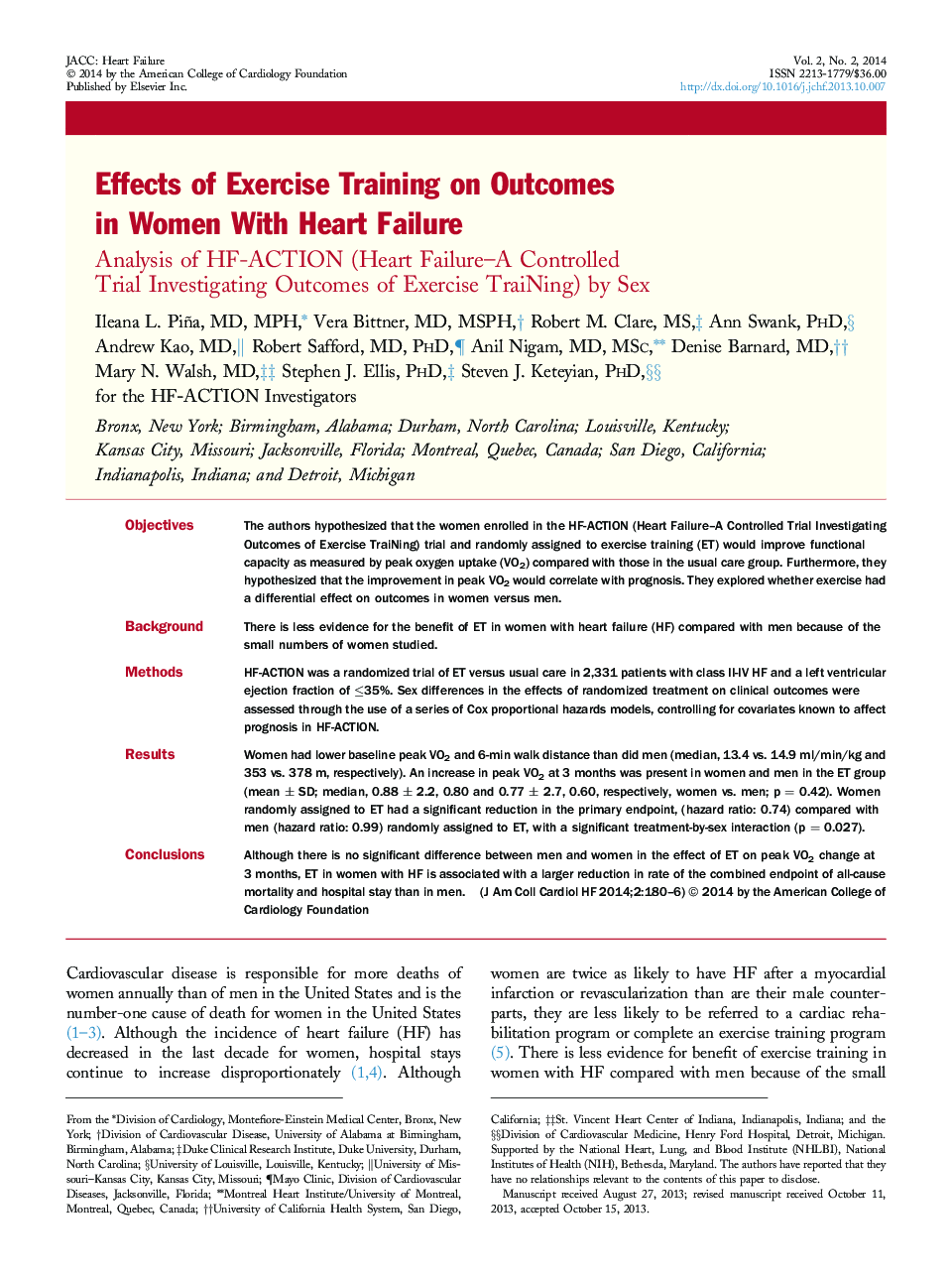 Effects of Exercise Training on Outcomes in Women With Heart Failure : Analysis of HF-ACTION (Heart Failure–A Controlled Trial Investigating Outcomes of Exercise TraiNing) by Sex