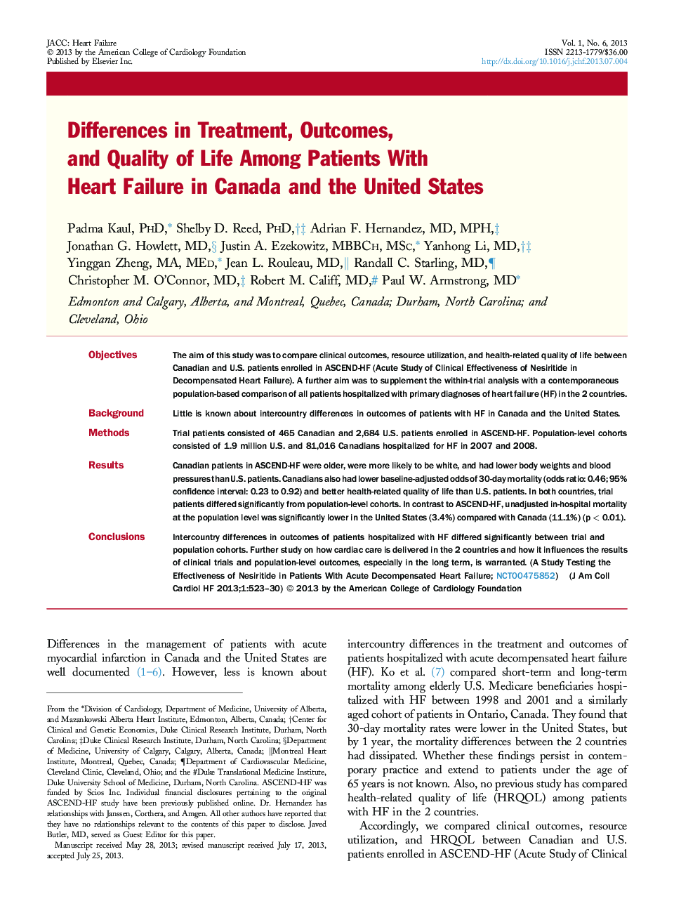 Differences in Treatment, Outcomes, and Quality of Life Among Patients With Heart Failure in Canada and the United States 