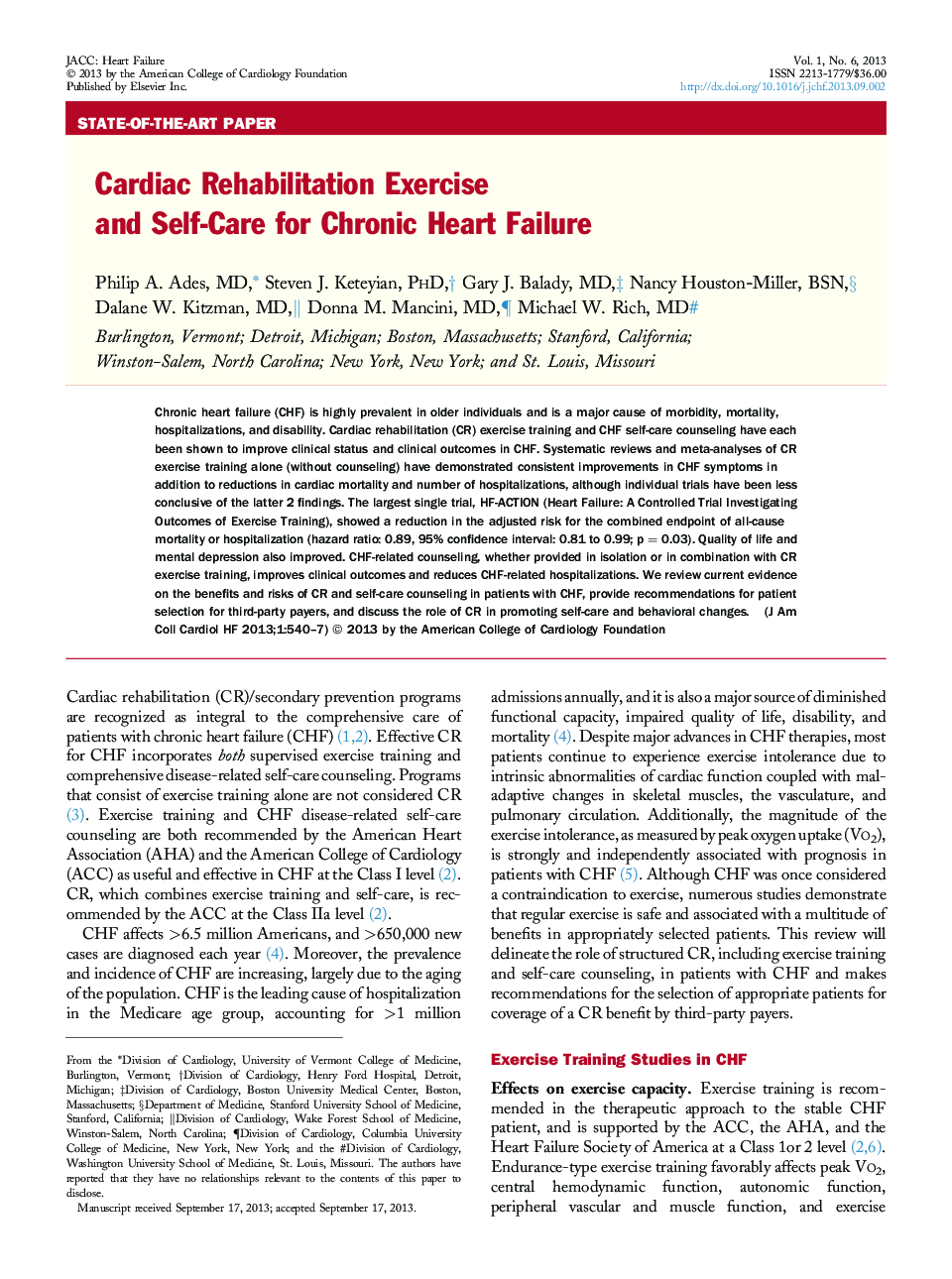 Cardiac Rehabilitation Exercise and Self-Care for Chronic Heart Failure 