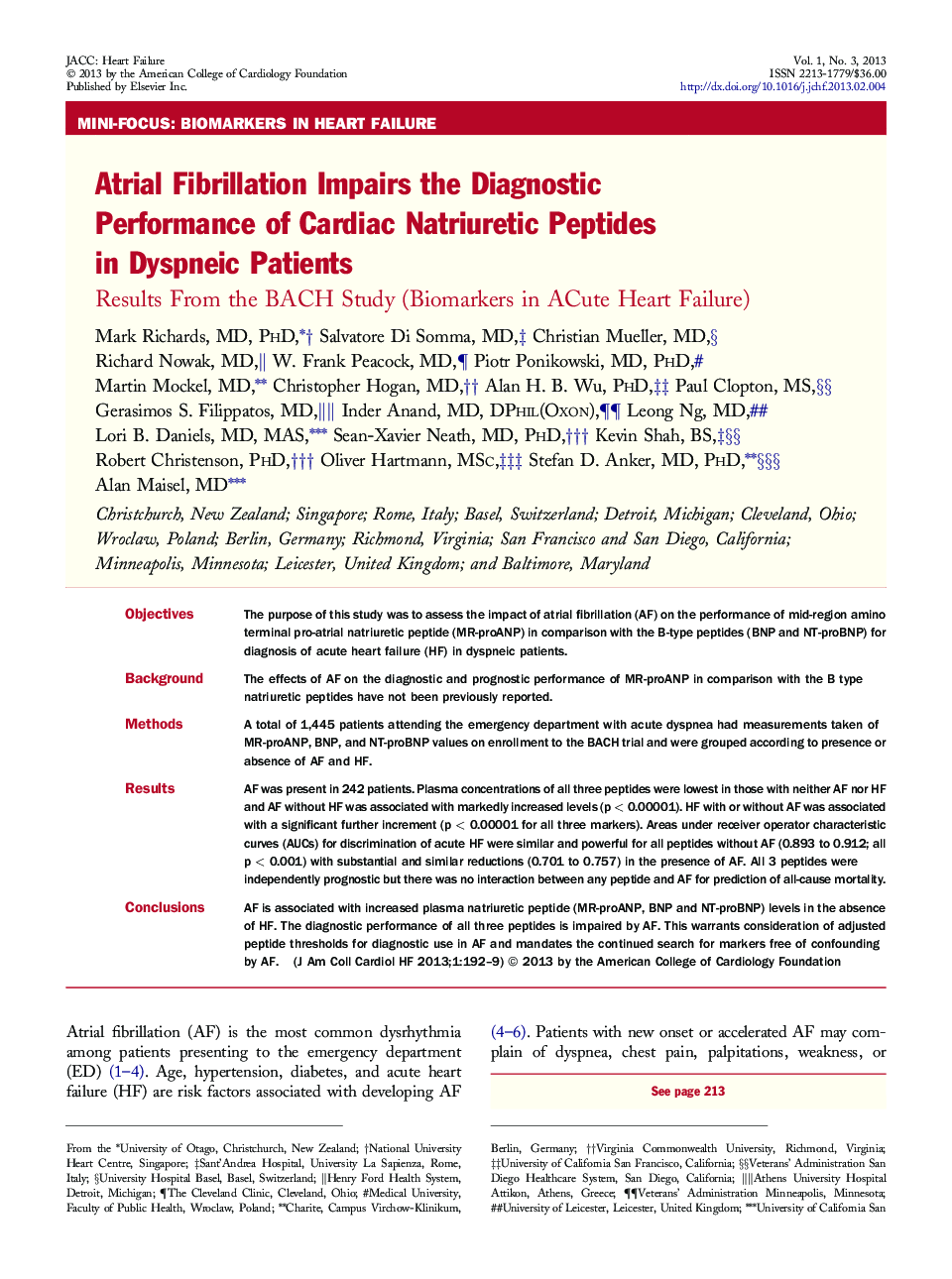 Atrial Fibrillation Impairs the Diagnostic Performance of Cardiac Natriuretic Peptides in Dyspneic Patients : Results From the BACH Study (Biomarkers in ACute Heart Failure)