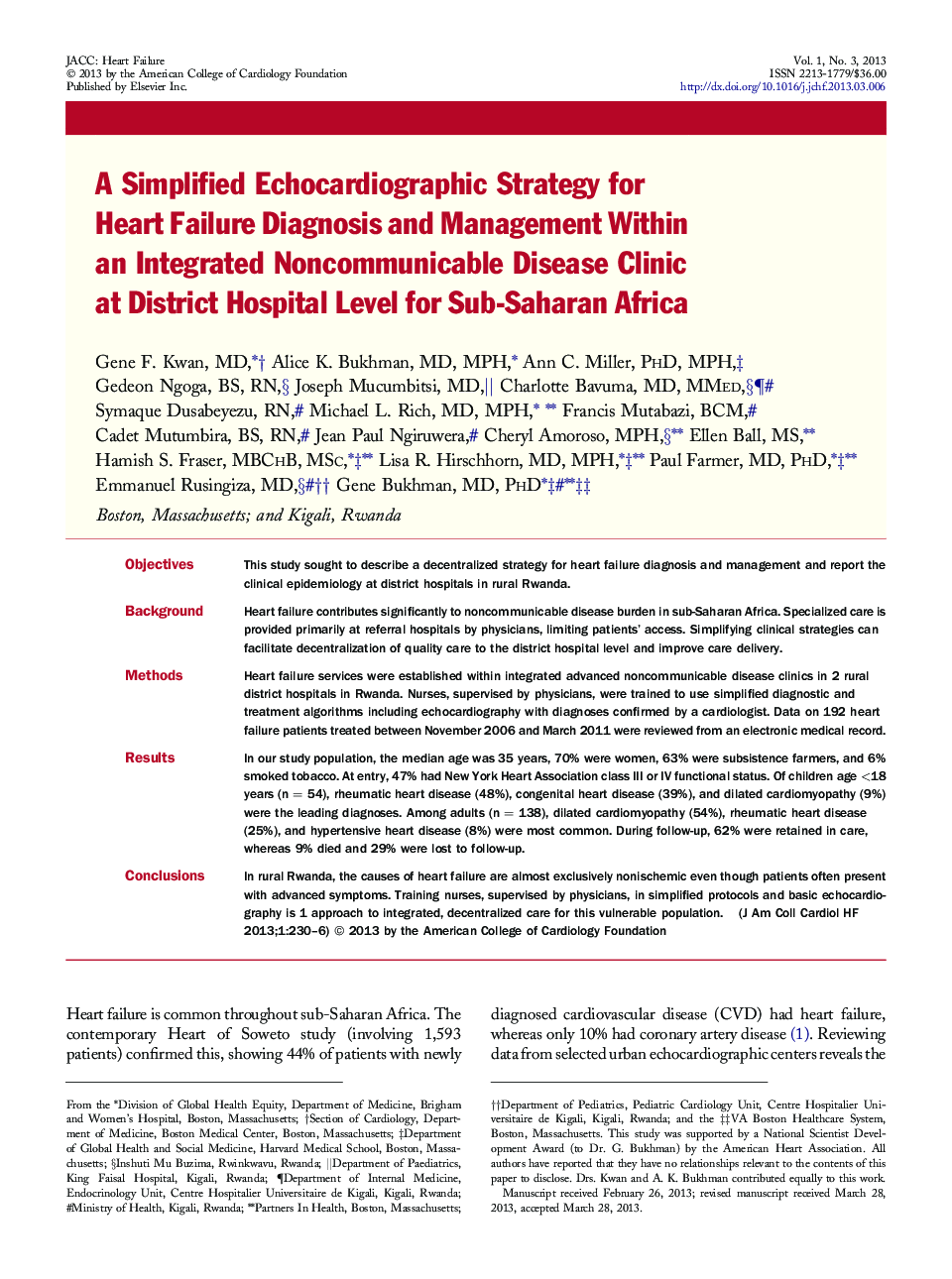 A Simplified Echocardiographic Strategy for Heart Failure Diagnosis and Management Within an Integrated Noncommunicable Disease Clinic at District Hospital Level for Sub-Saharan Africa 