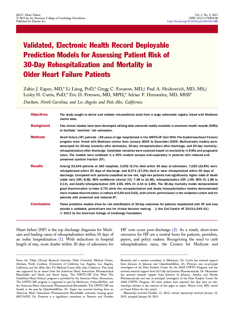 Validated, Electronic Health Record Deployable Prediction Models for Assessing Patient Risk of 30-Day Rehospitalization and Mortality in Older Heart Failure Patients 