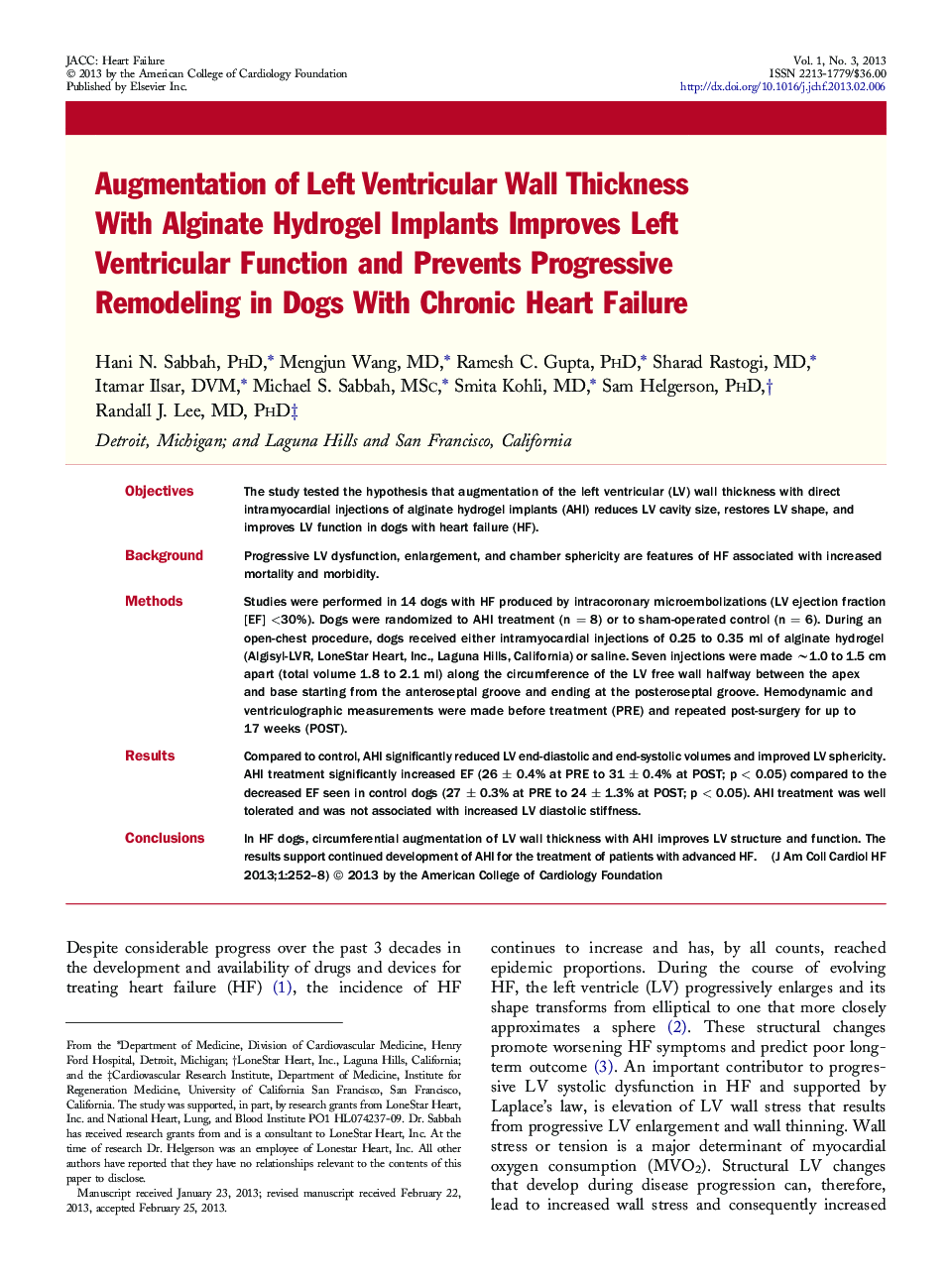 Augmentation of Left Ventricular Wall Thickness With Alginate Hydrogel Implants Improves Left Ventricular Function and Prevents Progressive Remodeling in Dogs With Chronic Heart Failure 