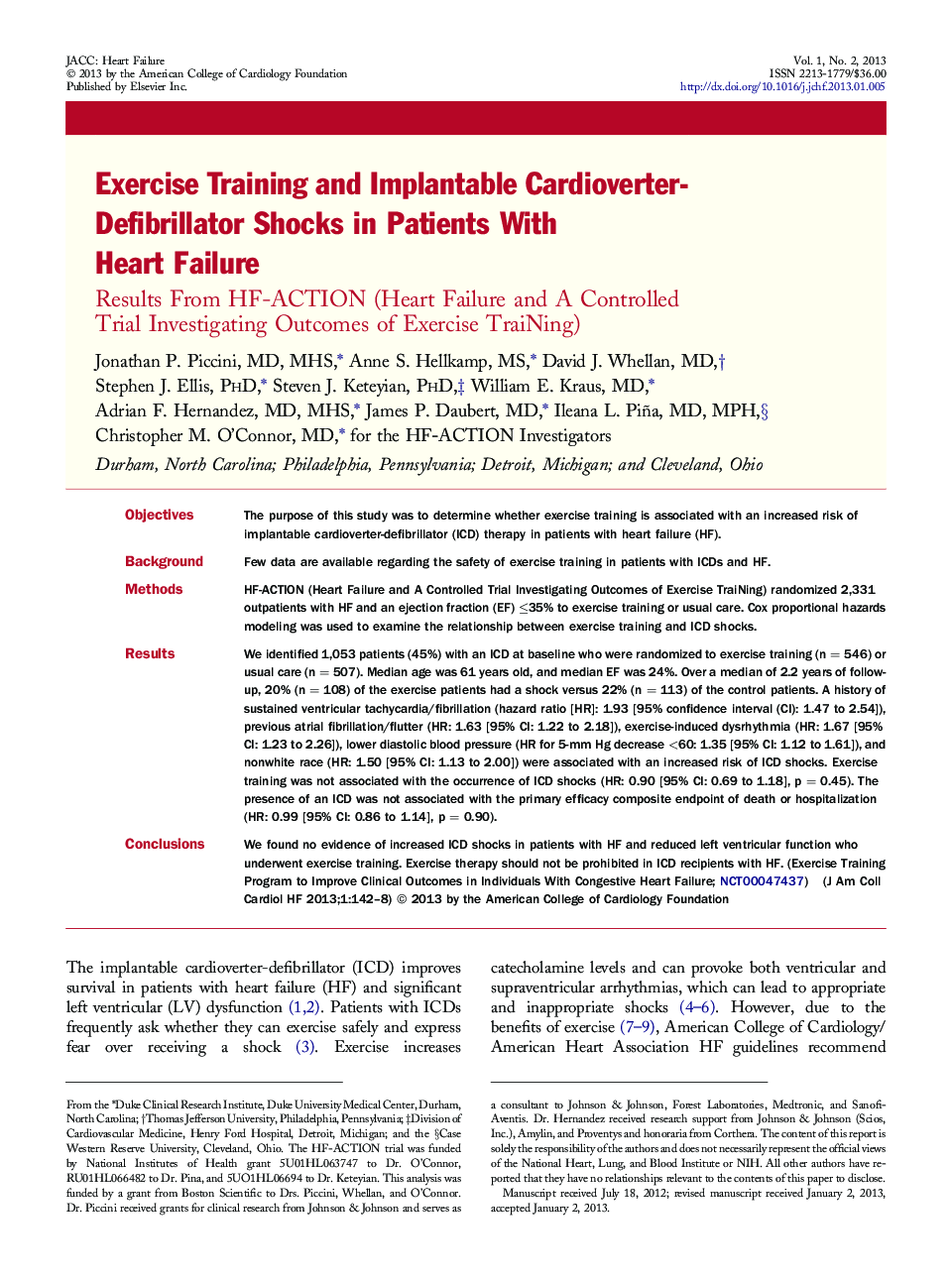 عکس صفحه اول مقاله: Exercise Training and Implantable Cardioverter-Defibrillator Shocks in Patients With Heart Failure : Results From HF-ACTION (Heart Failure and A Controlled Trial Investigating Outcomes of Exercise TraiNing) Exercise Training and Implantable Cardioverter-Defibrillator Shocks in Patients With Heart Failure : Results From HF-ACTION (Heart Failure and A Controlled Trial Investigating Outcomes of Exercise TraiNing)