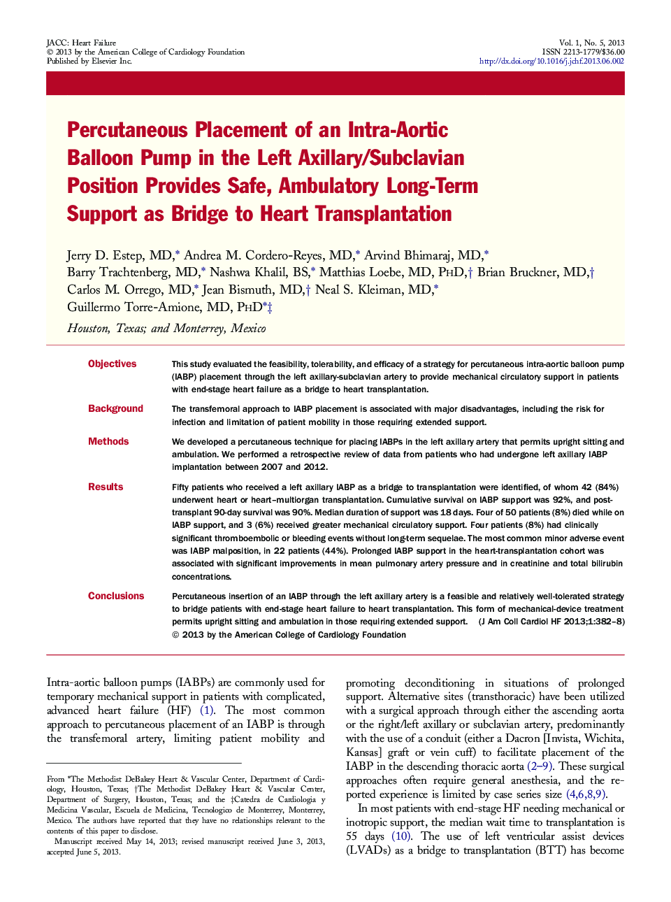 Percutaneous Placement of an Intra-Aortic Balloon Pump in the Left Axillary/Subclavian Position Provides Safe, Ambulatory Long-Term Support as Bridge to Heart Transplantation 