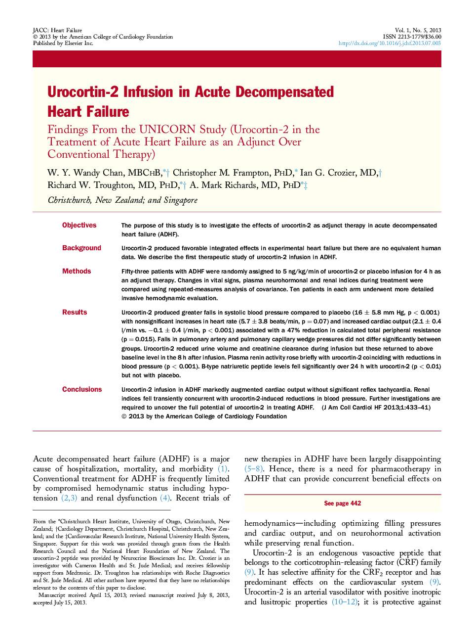 Urocortin-2 Infusion in Acute Decompensated Heart Failure : Findings From the UNICORN Study (Urocortin-2 in the Treatment of Acute Heart Failure as an Adjunct Over Conventional Therapy)