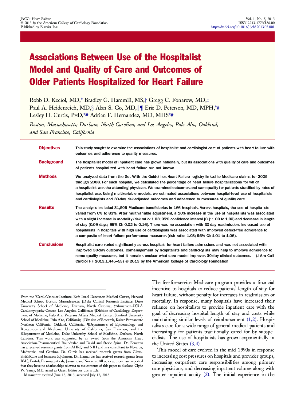 Associations Between Use of the Hospitalist Model and Quality of Care and Outcomes of Older Patients Hospitalized for Heart Failure 