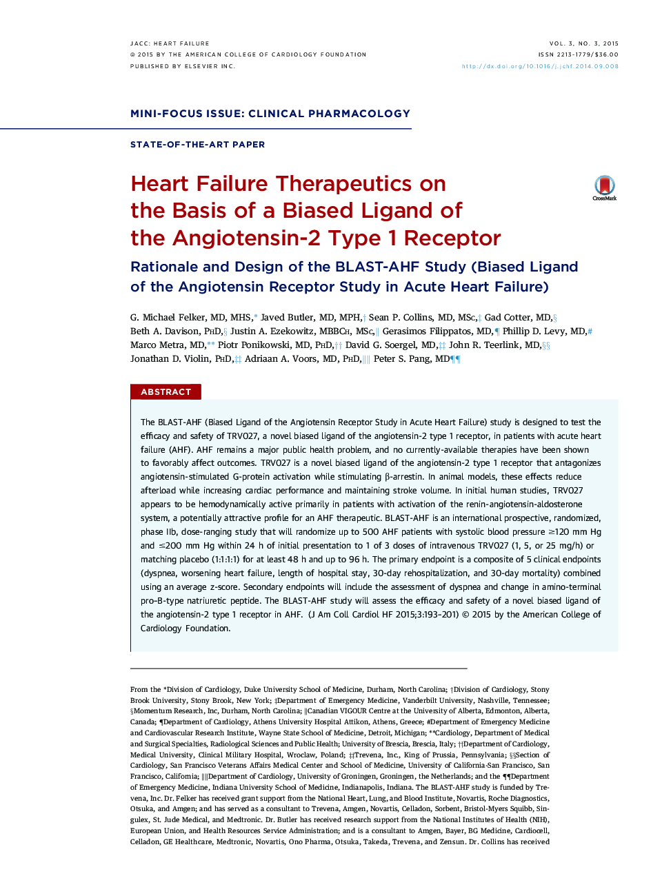 Heart Failure Therapeutics on the Basis of a Biased Ligand of the Angiotensin-2 Type 1 Receptor : Rationale and Design of the BLAST-AHF Study (Biased Ligand of the Angiotensin Receptor Study in Acute Heart Failure)