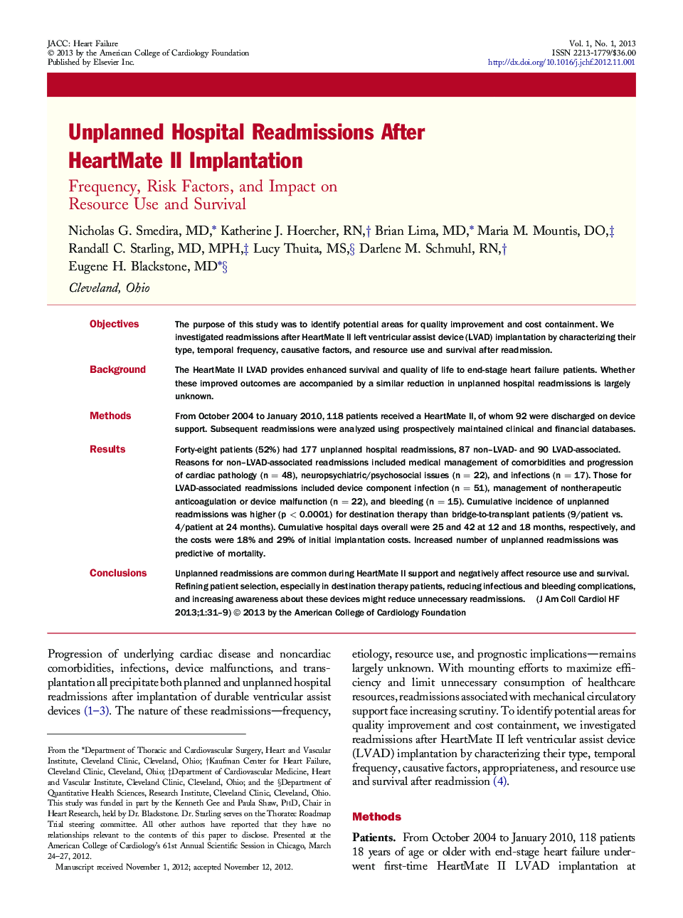 Unplanned Hospital Readmissions After HeartMate II Implantation : Frequency, Risk Factors, and Impact on Resource Use and Survival