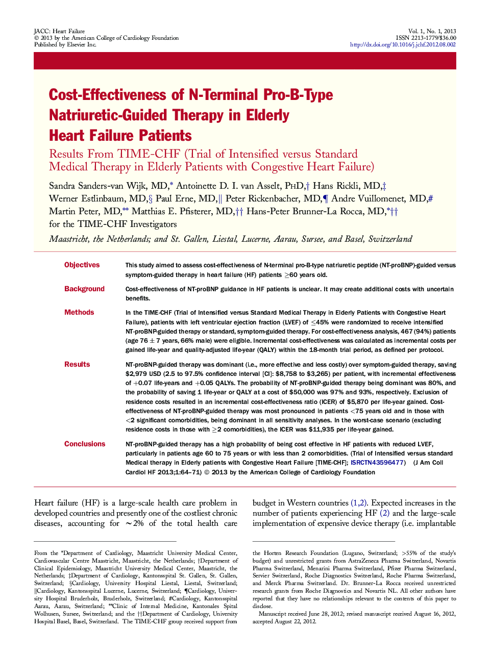 Cost-Effectiveness of N-Terminal Pro-B-Type Natriuretic-Guided Therapy in Elderly Heart Failure Patients : Results From TIME-CHF (Trial of Intensified versus Standard Medical Therapy in Elderly Patients with Congestive Heart Failure)