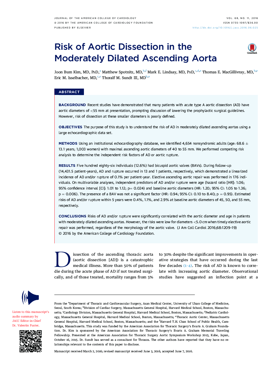 Risk of Aortic Dissection in the Moderately Dilated Ascending Aorta 