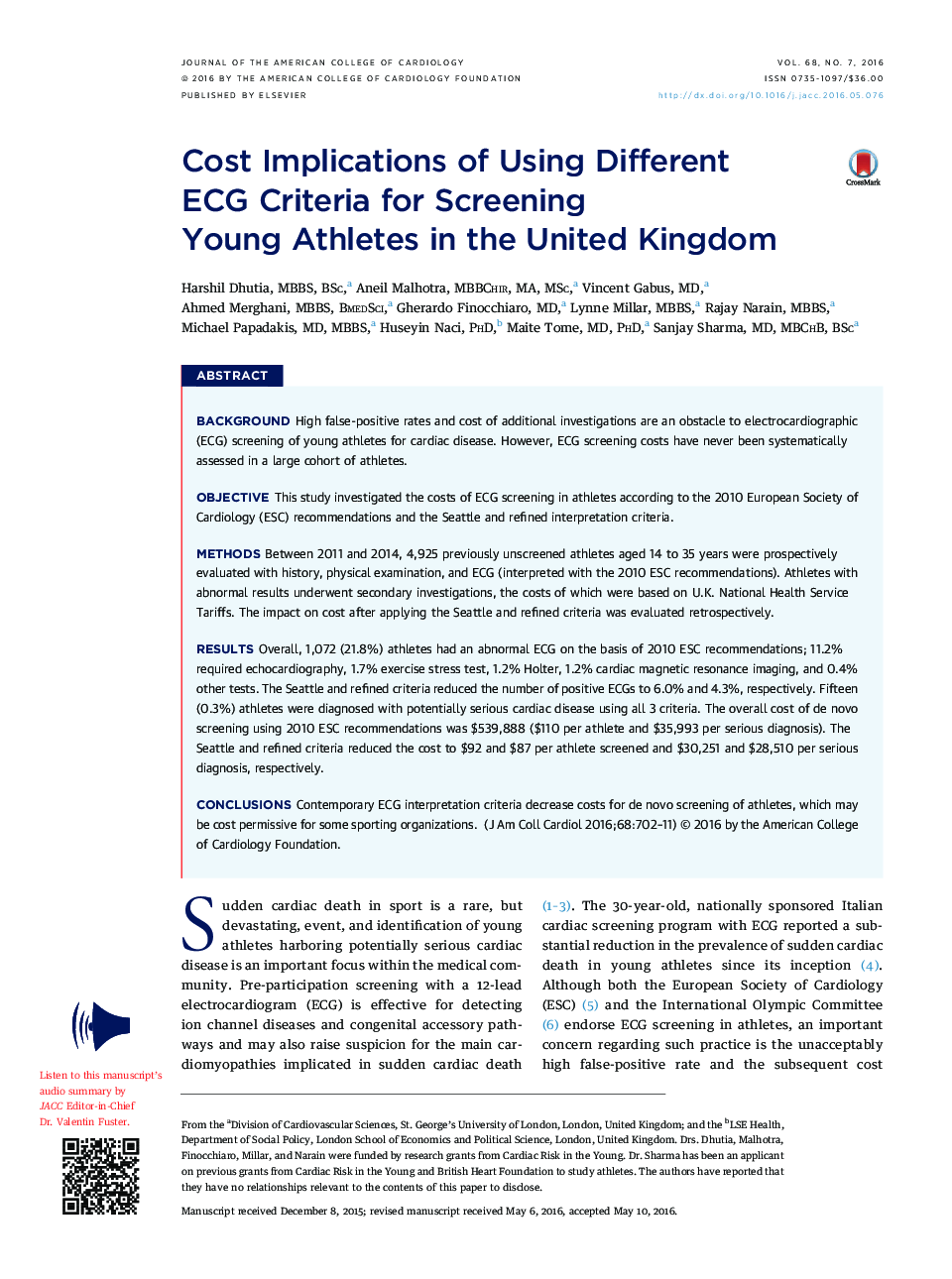 Cost Implications of Using Different ECG Criteria for Screening Young Athletes in the United Kingdom 