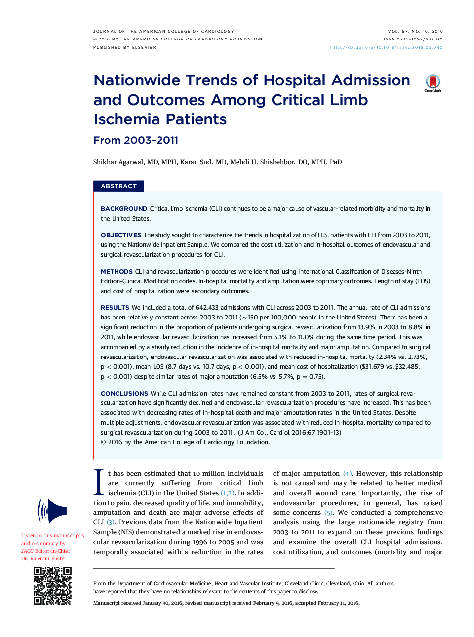 Nationwide Trends of Hospital Admission and Outcomes Among Critical Limb Ischemia Patients : From 2003–2011