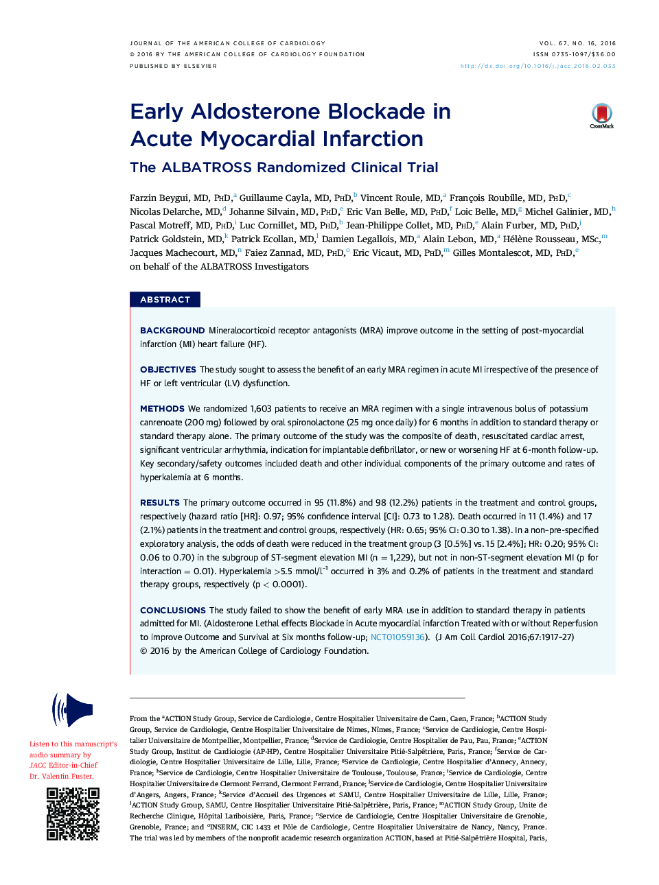 Early Aldosterone Blockade in Acute Myocardial Infarction : The ALBATROSS Randomized Clinical Trial