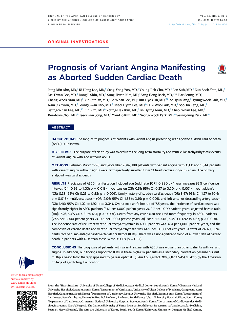 Prognosis of Variant Angina Manifesting as Aborted Sudden Cardiac Death 