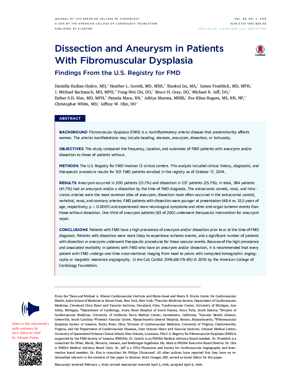 Dissection and Aneurysm in Patients With Fibromuscular Dysplasia : Findings From the U.S. Registry for FMD