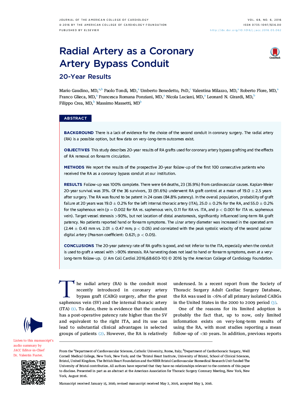 Radial Artery as a Coronary Artery Bypass Conduit : 20-Year Results